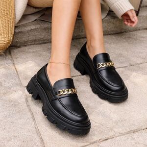 Design Lab Meera Lug Platform Loafers Black Vegan Leather